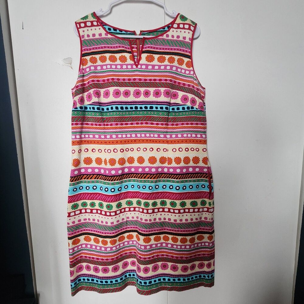 Talbots Multi Print Shift Dress size 12 Modest Knee Length Sleeveless Jacquard